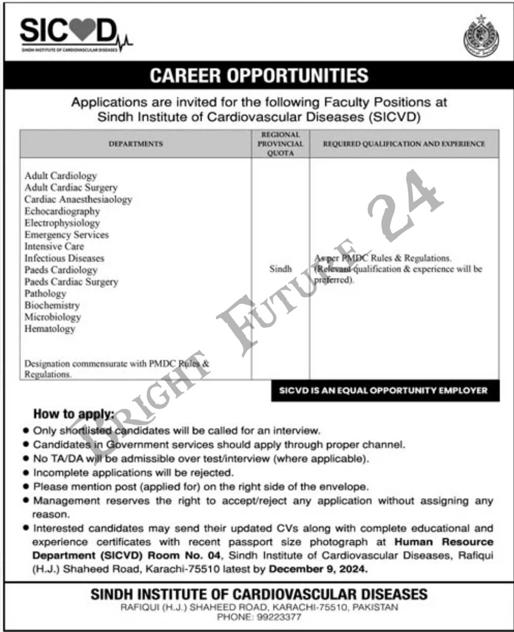 Sindh Institute of Cardiovascular Diseases Karachi Jobs 2024