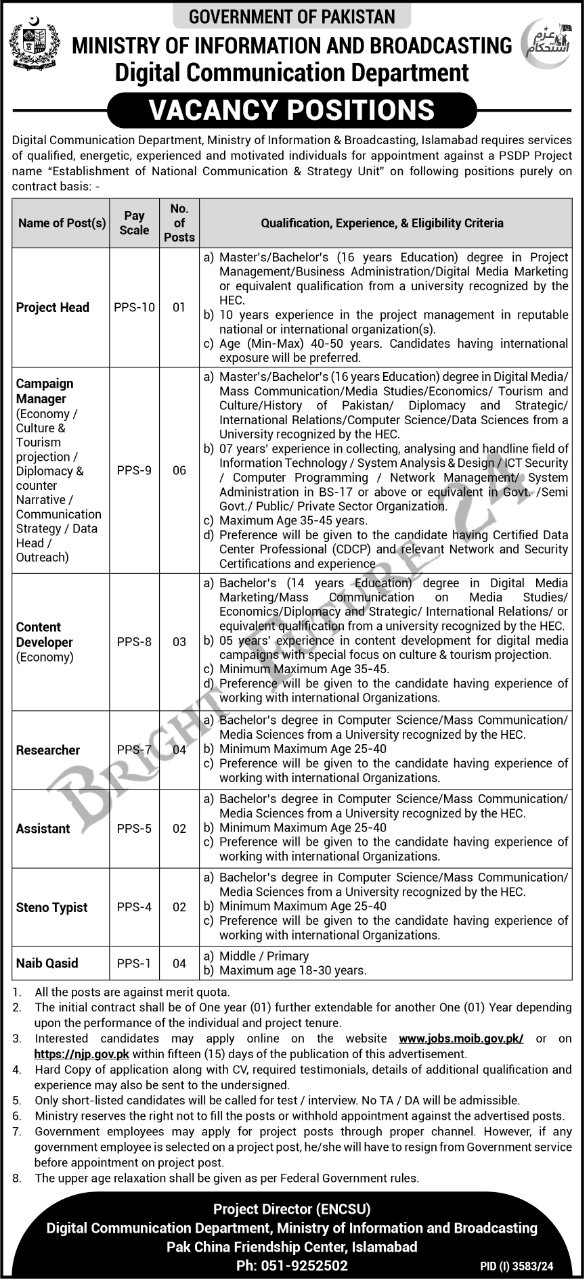 Ministry of Information and Broadcasting MOIB Jobs 2024