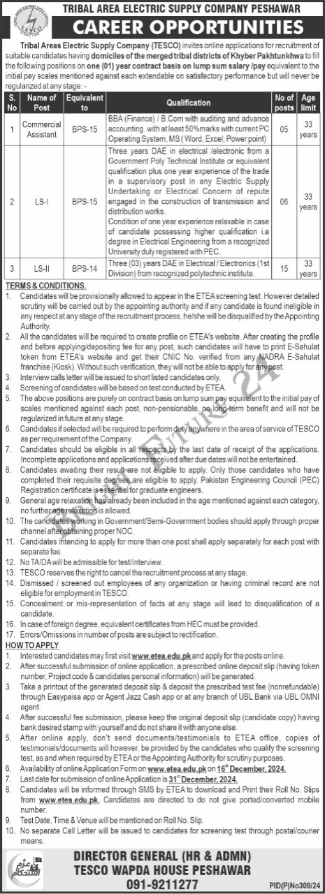 Tribal Areas Electric Supply Company TESCO Jobs 2024
Jobs Available At Tribal Area Electricity Supply Company