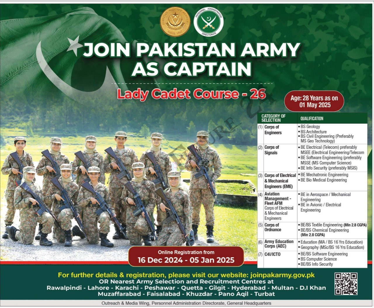 Lady Cadet Course as Captain Jobs at Pakistan Army 2025