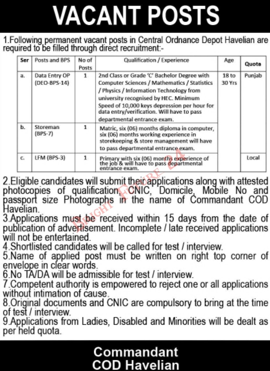 Latest Central Ordnance Depot COD Havelian Jobs 2025