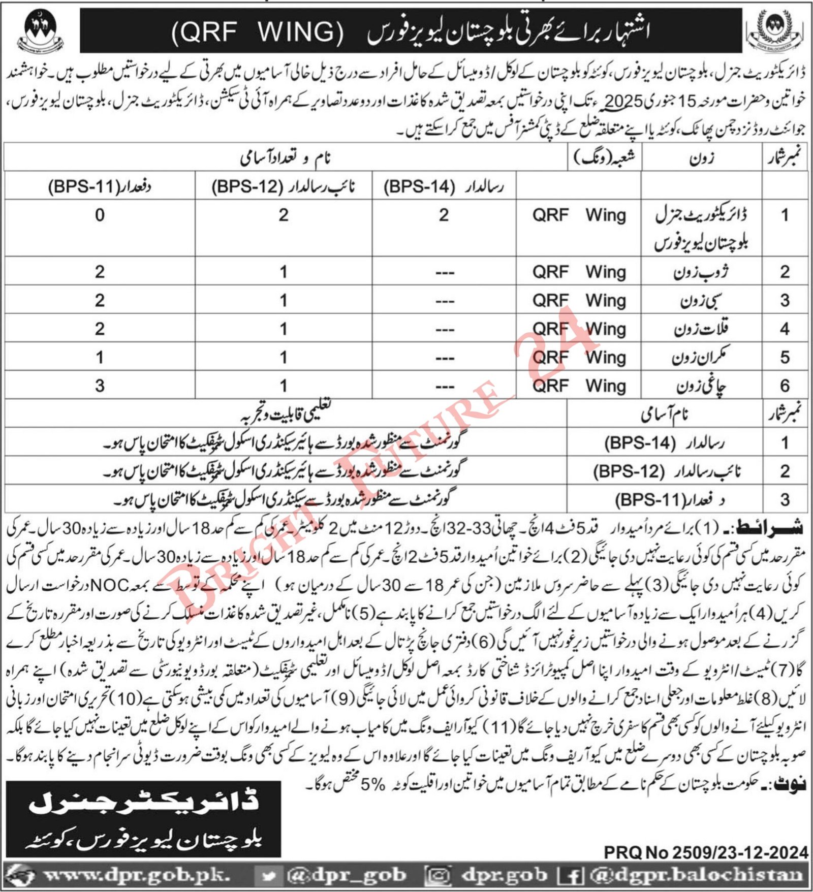 Balochistan Levies Force QRF Wing Jobs 2025