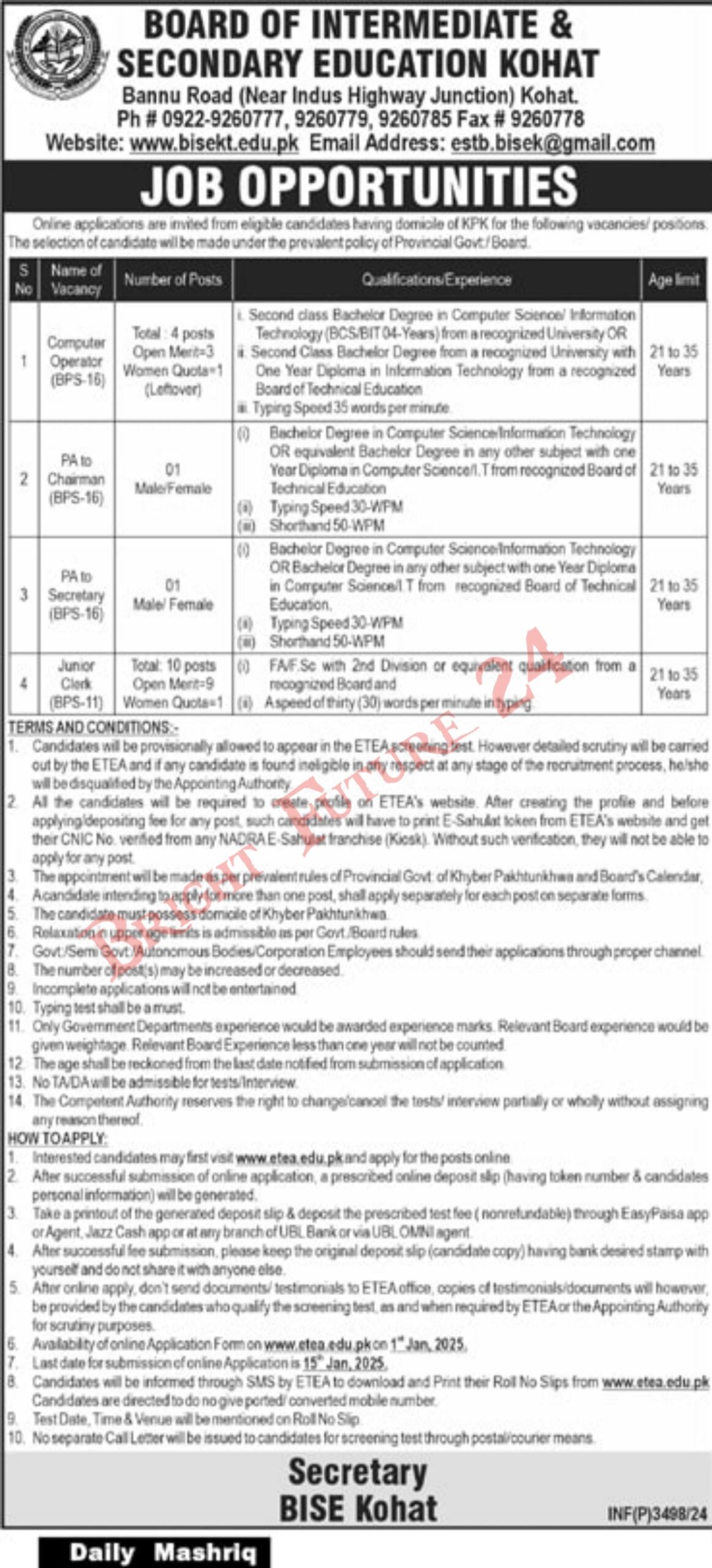 Latest Board of Intermediate and Secondary Education BISE Kohat Jobs 2025