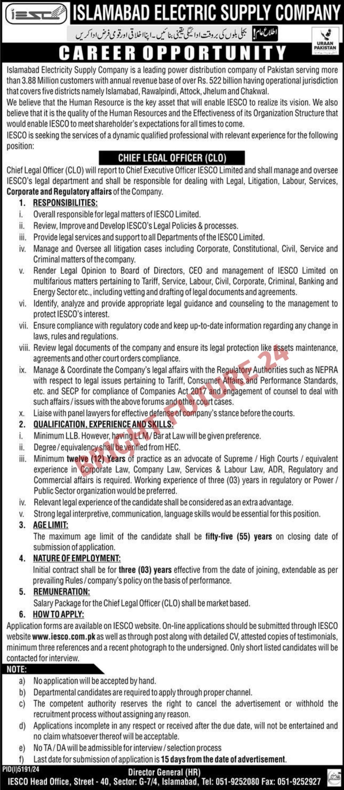 Chief Legal Officer (CLO) At Islamabad Electric Supply Company IESCO Jobs 2025