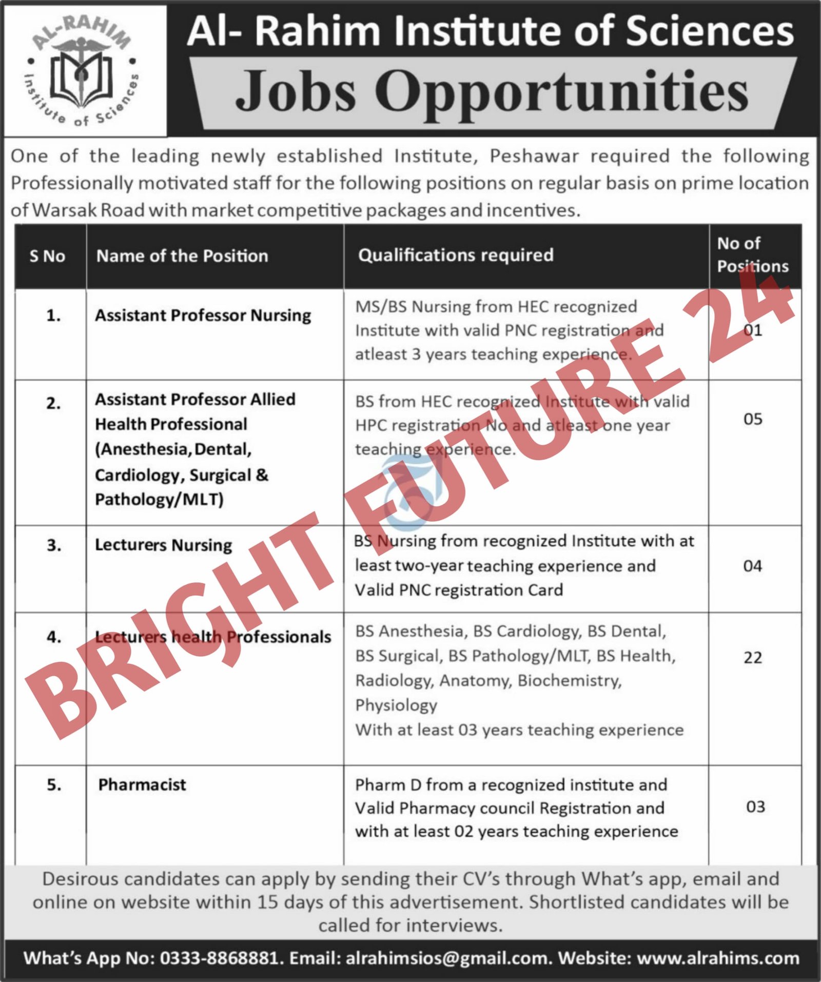 Latest Al-Rahim Institute of Sciences, Peshawar Jobs 2025