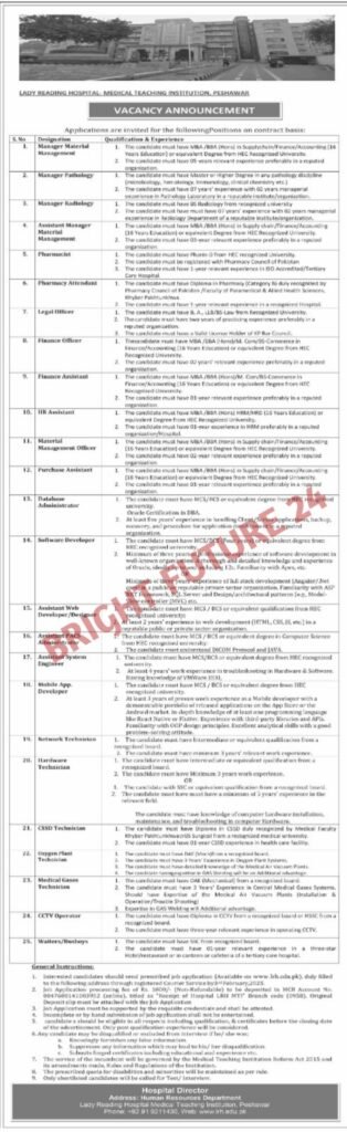 Lady Reading Hospital Peshawar Jobs 2025