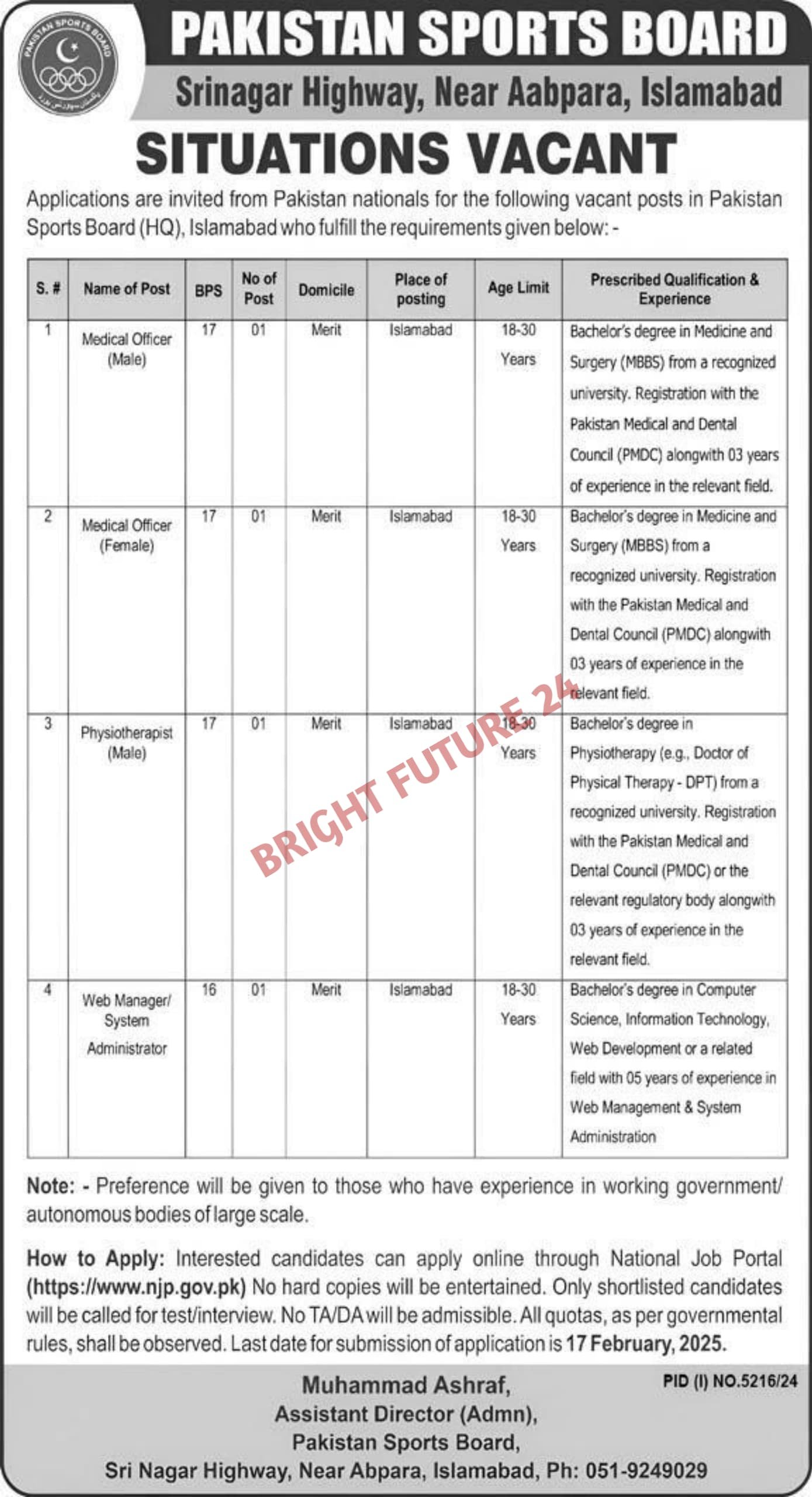 Pakistan Sports Board PSB Jobs 2025